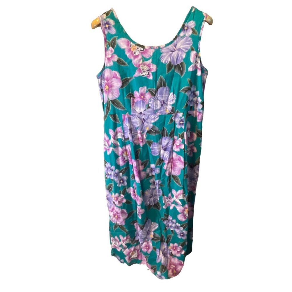 Hilo Hattie Teal Pink Tropical Floral Sleeveless Long Dress Sz L